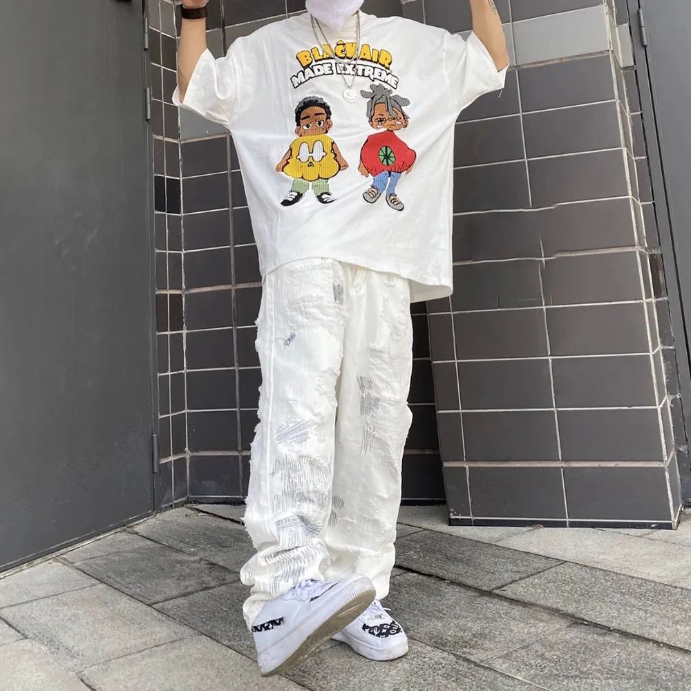 Y2K American Style Old Sanding Ripped Denim Trousers Mens Street Wear Matching Color Design Loose Straight Jeans Trendy Trousers