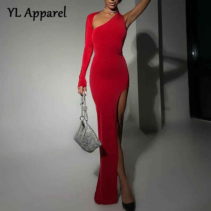 

Женское длинное вечернее платье с одним открытым плечом, черное, Красное Платье макси с высоким разрезом и диагональным воротником, весна-л...