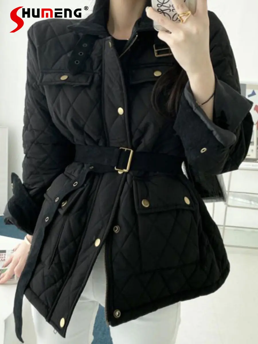 

Elegant Lapel Rhombus Lace-up Waist Slimming Cotton-Padded Jacket Women Korean Long Sleeve Solid Simple Cotton Coat Winter Coats