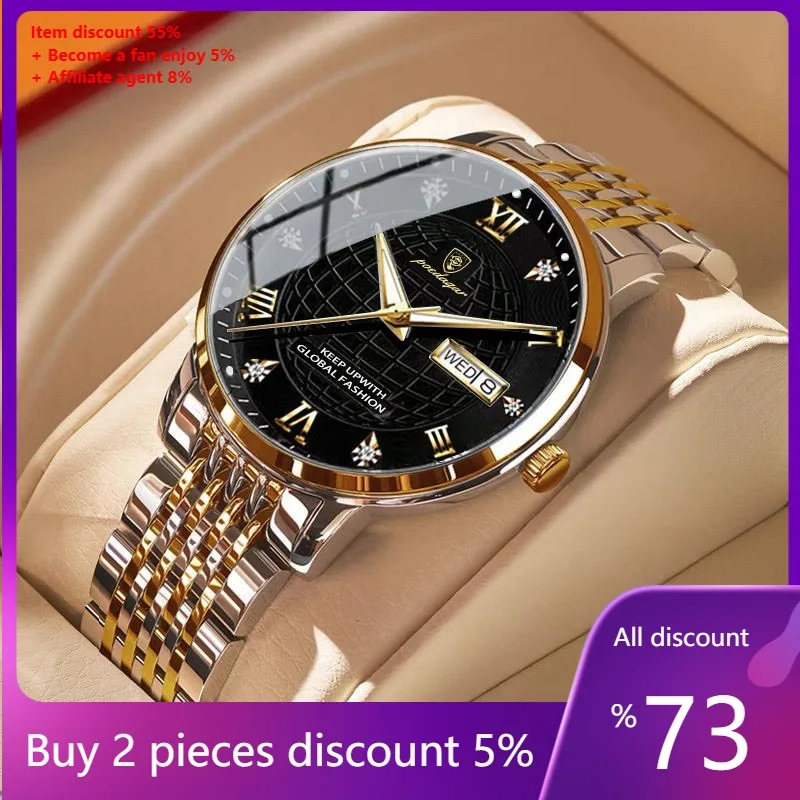 

Men Watch Stainless Steel Top Quailty Luxury Push Button Hidden Clasp Waterproof Luminous Date Week Sport Wrist Watches