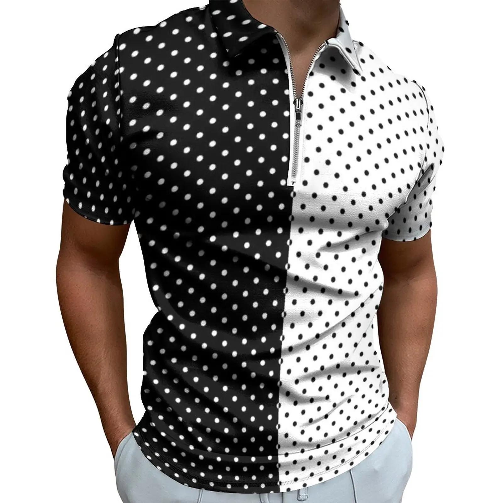 

Черно-белые повседневные футболки в горошек, двухцветная рубашка-поло с винтажным рисунком, забавная рубашка, графическая одежда с коротким рукавом для свидания