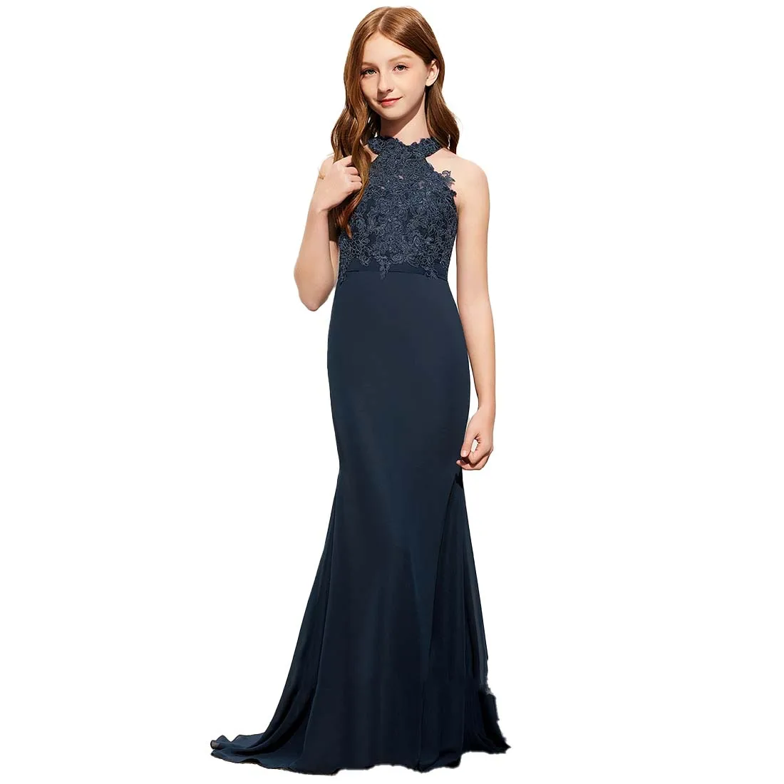 

YZYmanualroom Junior Bridesmaid Dress Trumpet Mermaid Halter Sweep Train Chiffon Lace Evening Dress New Elegant Banquet Gowns