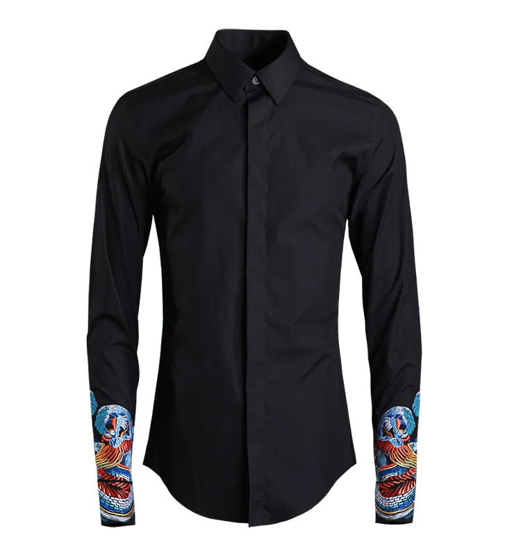 Clothes Men2022 Early Spring New Youth Square Collar Embroidery Long-Sleeved Single-Breasted Shirt Slim Casual Business Top