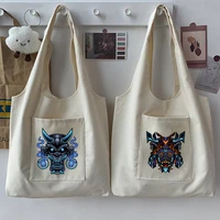 japanese street woman bags reusable tote bag commuter pack monster pattern printing casual beige sundries bag shopping pack soft