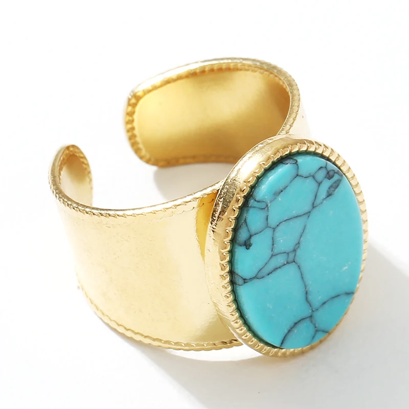 

Vintage Turquoise Natural Stone Ring Gold Stainless Steel Oval Opal Rings for Women Aesthetic Open Ring Fashion Luxury Jewelry