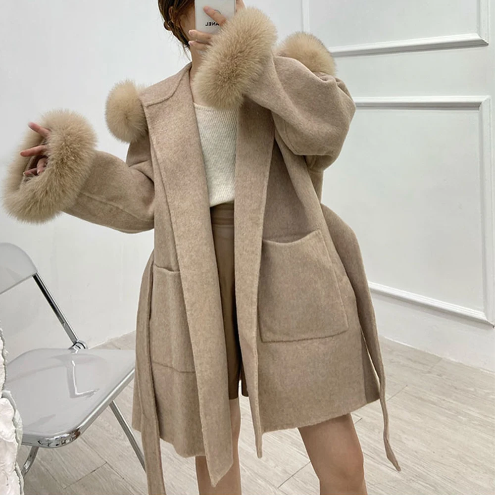 FURYOUME Winter Cashmere Coat Women Real Fur Coat Mid-length Wool Jacket Camel Black Outerwear Fox Fur Collar and Cuffs Belt