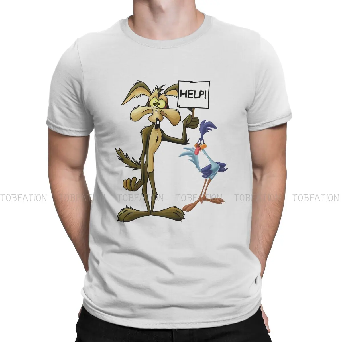 

Coyote Cartoon Help T Shirt Fashion Men's Tees Summer 100% Cotton Clothing O-Neck TShirt