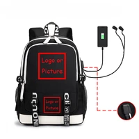 customized backpack diy logo and picture print usb charging headset hole multifunction men women student schoolbag travel bags
