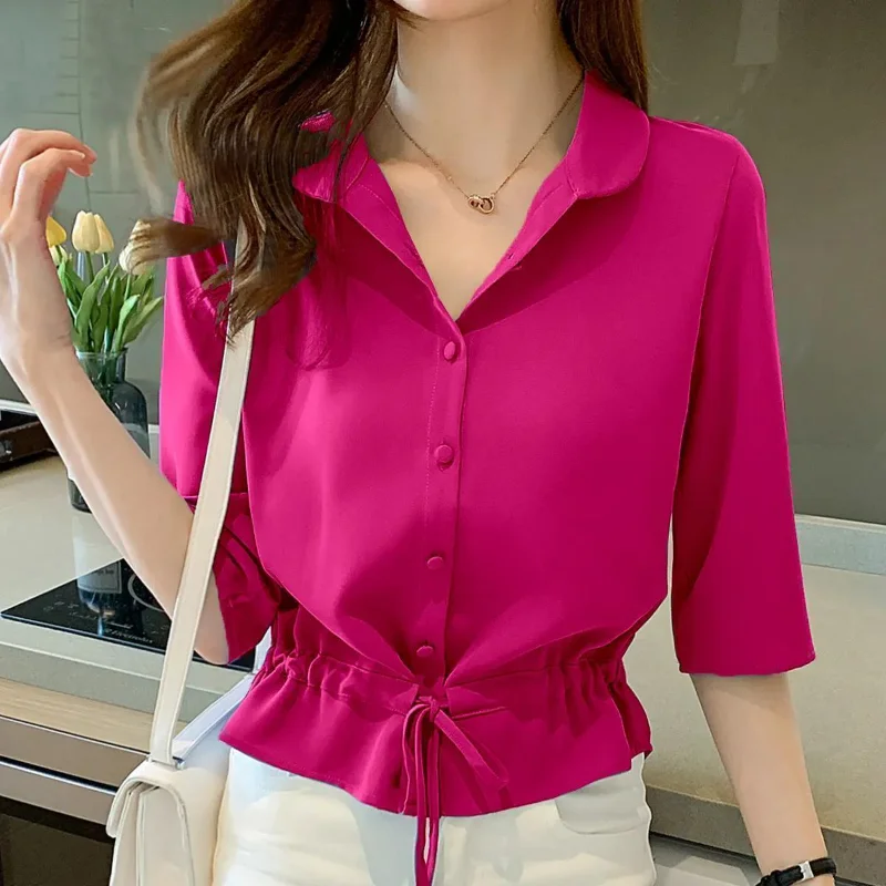 

Summer Women All-match Solid Turn-down Collar Half Sleeve Chiffon Shirt Fashion Casual Shirring Single-breasted Blouses Female