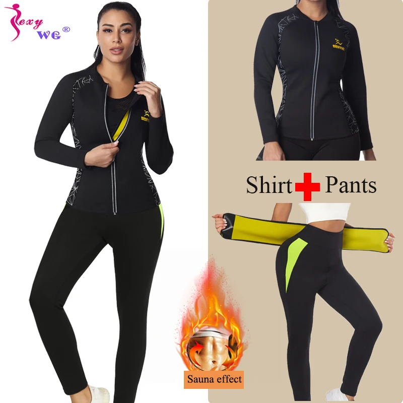 

SEXYWG Women Sauna Top for Weight Loss Neoprene High Waist Sauna Pants Fat Burning Sauna Suit Waist Trainer Shapewear Set