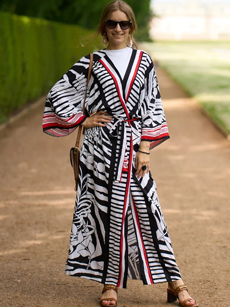 

Cover-ups Rayon Beach Kimono Print Robel Plage Tunic for Beach Belt Big Kaftan Pareos de Playa Mujer Long Dress Beachwear