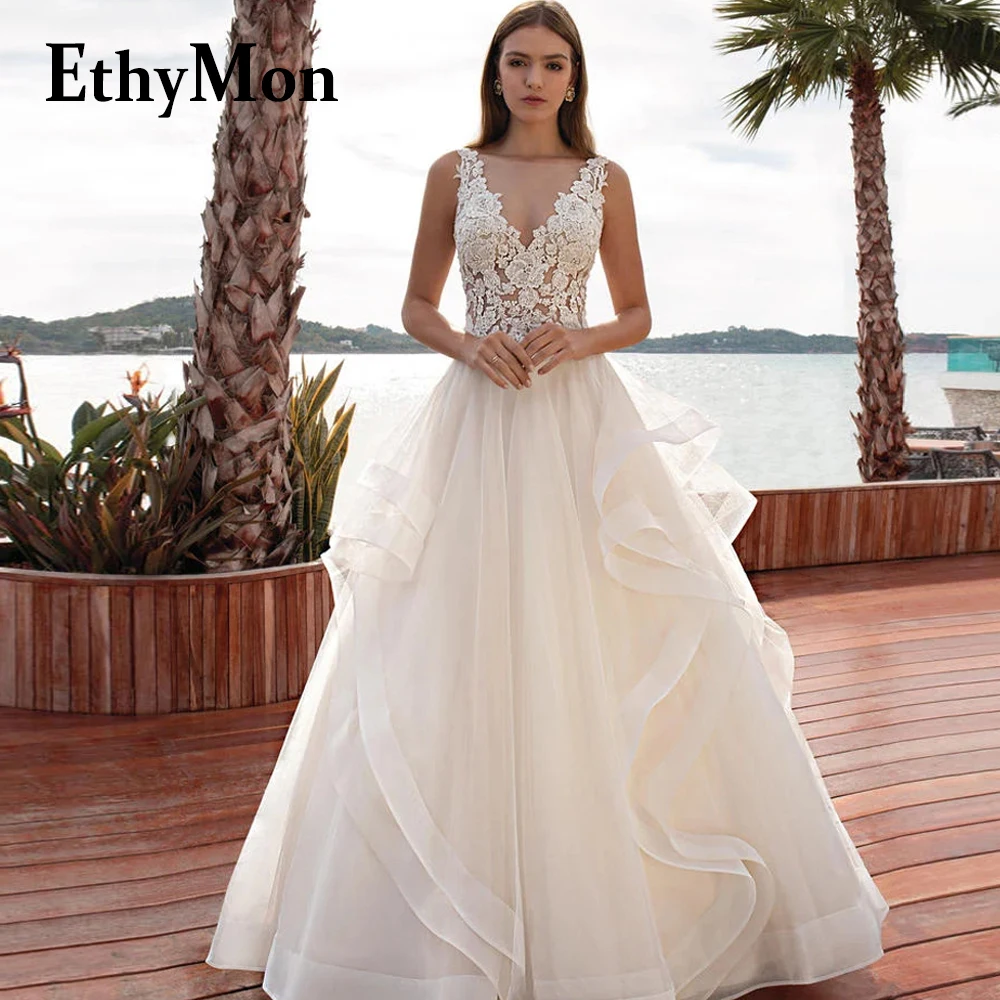 

Ethymon Dignified A-line Brides Wedding Dresses Lace Appliques Ruffles Court Train V-neck Backless Abito Da Sposa Customized