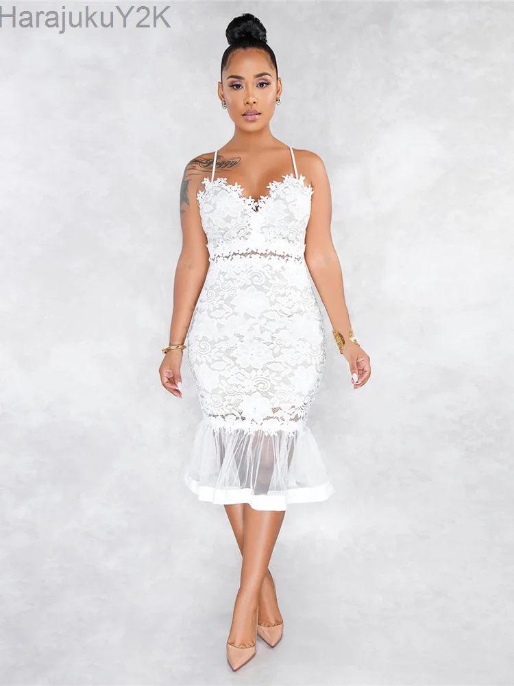 

2023 Drop Shipping Lady Embroidery Lace Trumpet Ruffled Vestidos Spaghetti Straps Cocktail Party Summer White Dresses Clubwear