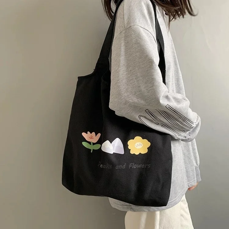 

Women Canvas Shoulder Bags Large Capacity Cartoon Animal Books Handbag Tote Flowers Shoulder Bag Big Travel Purse For Ladies