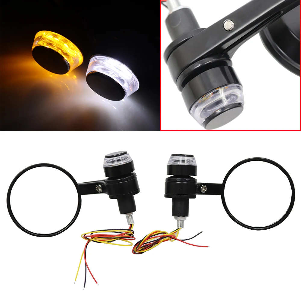 

2pcs 22mm 7/8in Handlebar End Round Rearview Mirrors with LED Turn Signal Light Universal for Motorcycle Glass+Aluminum