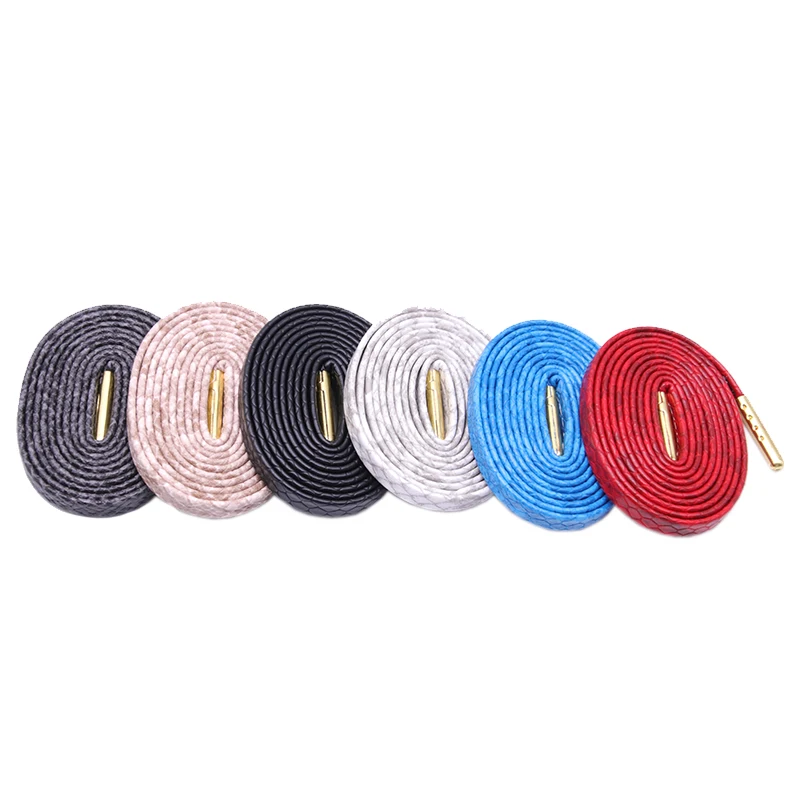 Weiou 7mm Flat Snake Skin Shoelaces White Red Grey Brown Luxury Leather Shoe Laces With Gold Metal Aglets For Sneakers Sports