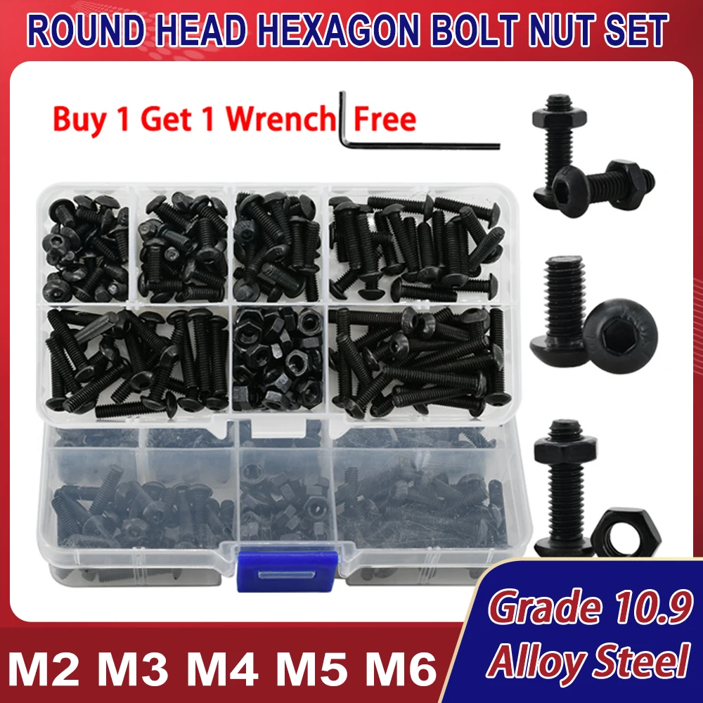 

M2 M3 M4 M5 M6 Grade 10.9 Black Alloy Steel Hex Allen Bolt Nut Kit Motor Fairing Bolts ISO7380 Hexagon Socket Round Head Screws