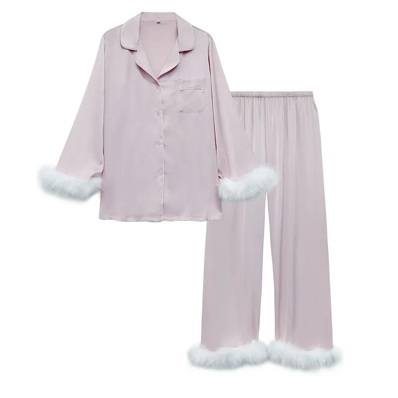 Light luxury pajamas, women's spring and summer feather stitching, high-end satin chiffon thin home clothing