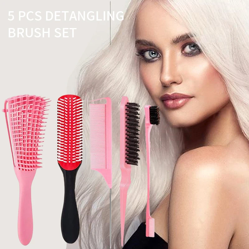 5 Pcs Detangling Brush Set 9-Row Detangler Brush Cushion Nylon Bristle Shampoo Brush Dual Edge Brush Teasing Brush Styling Comb
