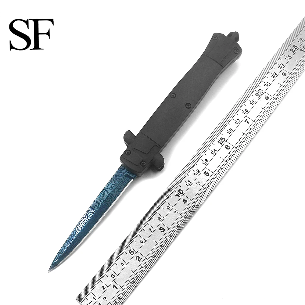 

SF Outdoor Camping Hunting Double Action Knife 440 Electroplating Blue Blade Zinc Aluminum Alloy Handle Men's Holiday Gift