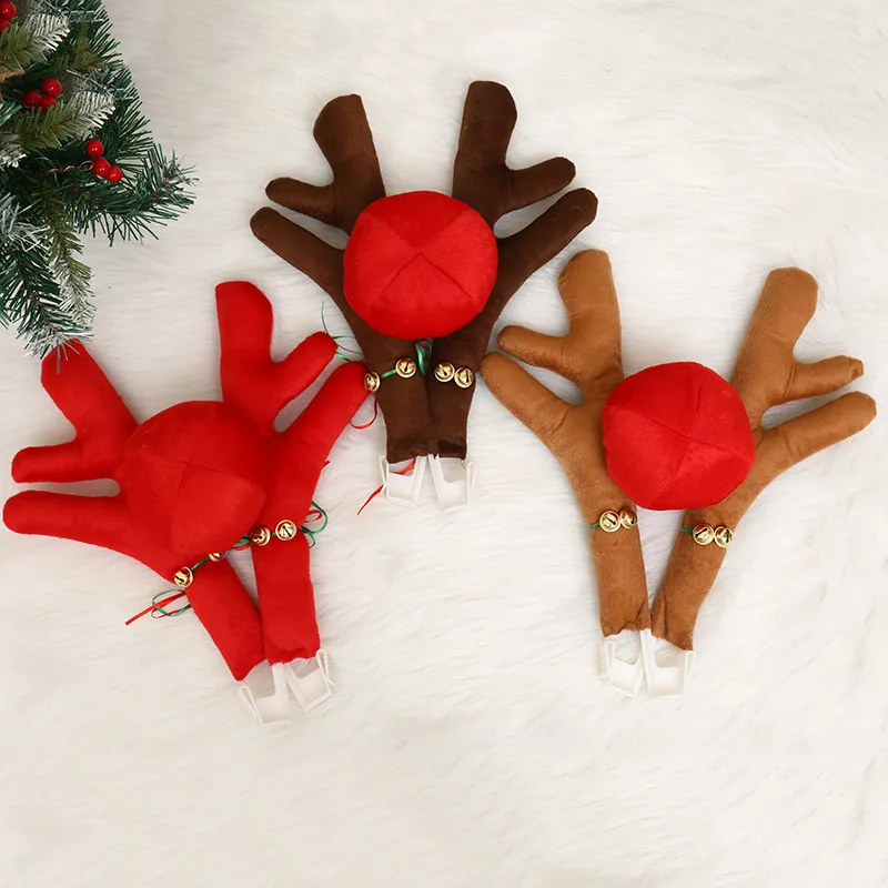 Christmas Antlers Car Decor Sika Deer Antlers Red Nose Horn Car Vehicle Reindeer Costume Set Ornaments Xmas Holiday Party Gifts