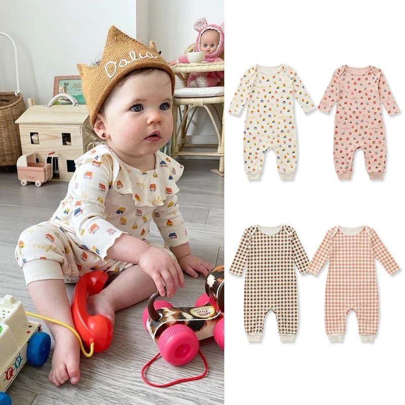 Autumn Spring Baby Onesie Cotton Print Jumpsuit Cute House Grid Style Long Sleeve Romper for Newborn Boy Girls Clothes