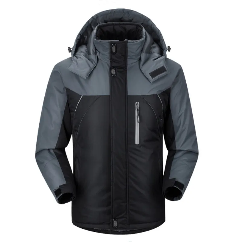 Men's Jacket Winter Thickened Warm Ski Waterproof Hooded Jacket Outdoor Camping Color Block Thick Zipper Windproof Parker Coat