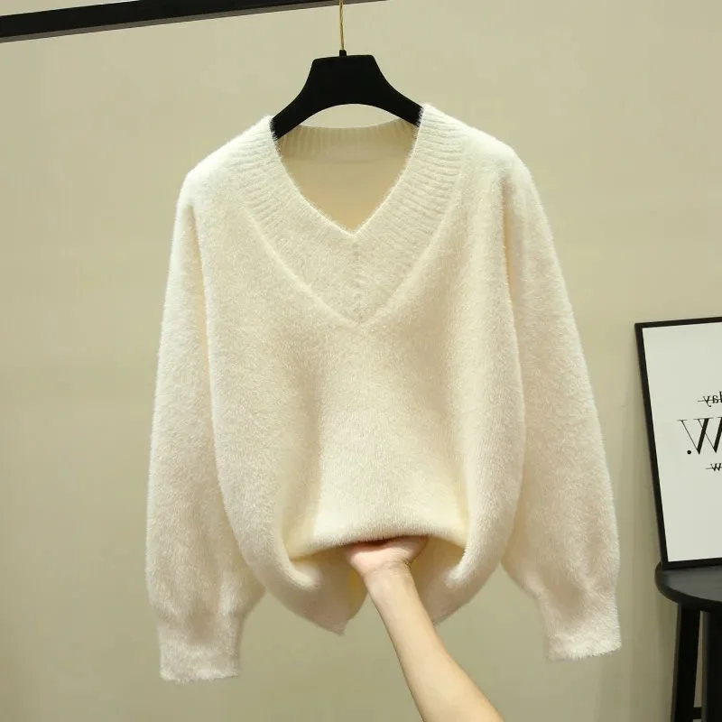 

Basic knit Sweater Women V-Neck Solid Pullover 2023 Autumn Korean Loose Lantern Sleeve Sweaters Imitation Mink Female Tops