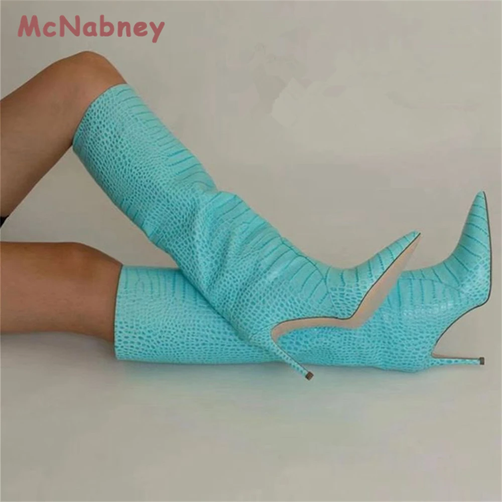 Women's Sexy Crocodile Knee Length Boots New Autumn and Winter High Heel Pointed Women's Stiletto Snake Pattern Long Boots