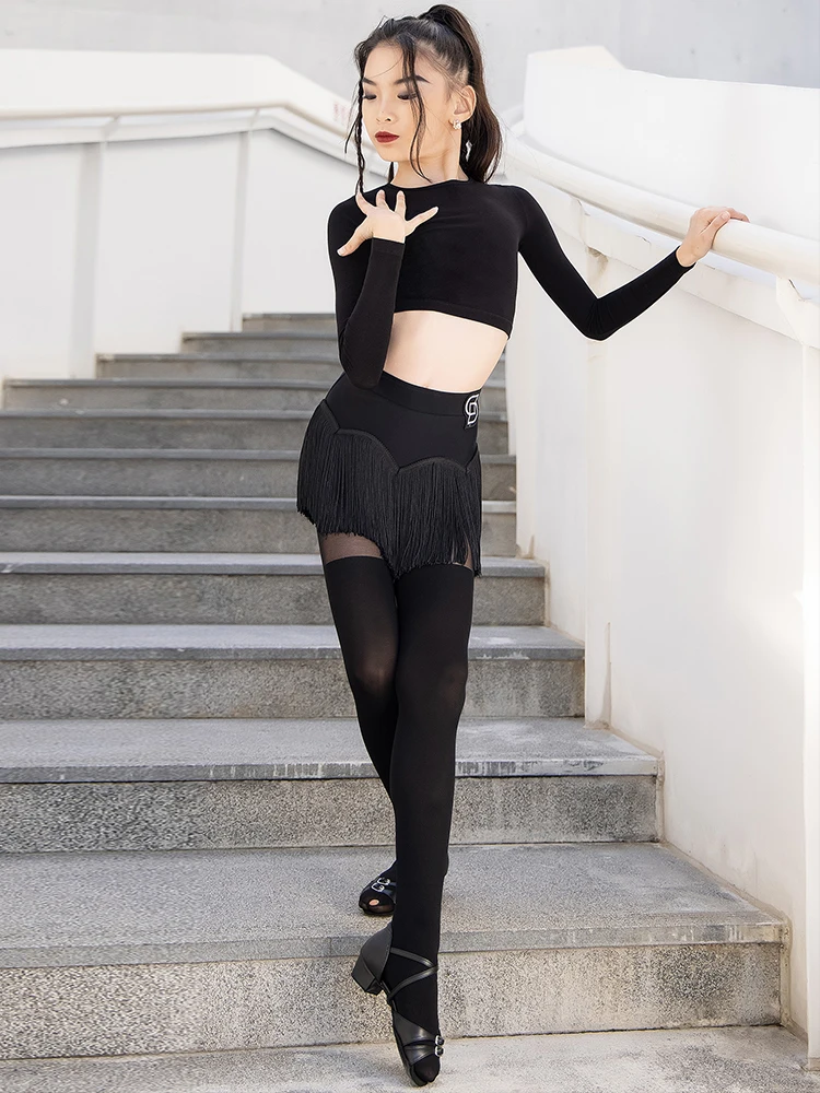 Костюм для латинских танцев девочек черный сетчатый топ с открытой спиной