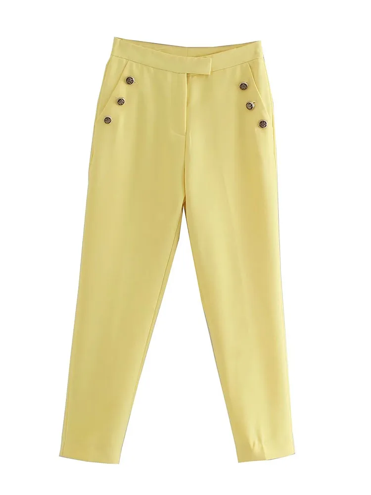 

PB&ZA 8286663 Women's 2022 Fall New Fashion Button High Waist Trousers Retro Stretch Side Pocket Women's Trousers Mujer 8286663