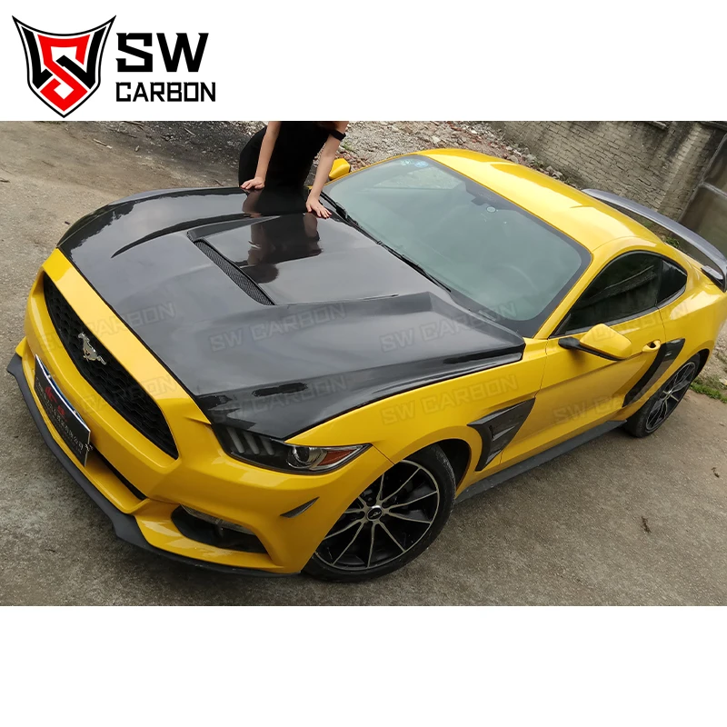 Фото Передний капот в стиле GT350 из углеродного волокна для Ford Mustang 2015-2017, передний капот двигателя, крышка вентиляционного отверстия, комплект кузова автомобиля №3