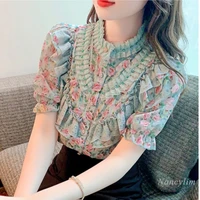 sweet floral chiffon shirt 2022 summer new womens popular lace beaded design fashionable blouses ladies top