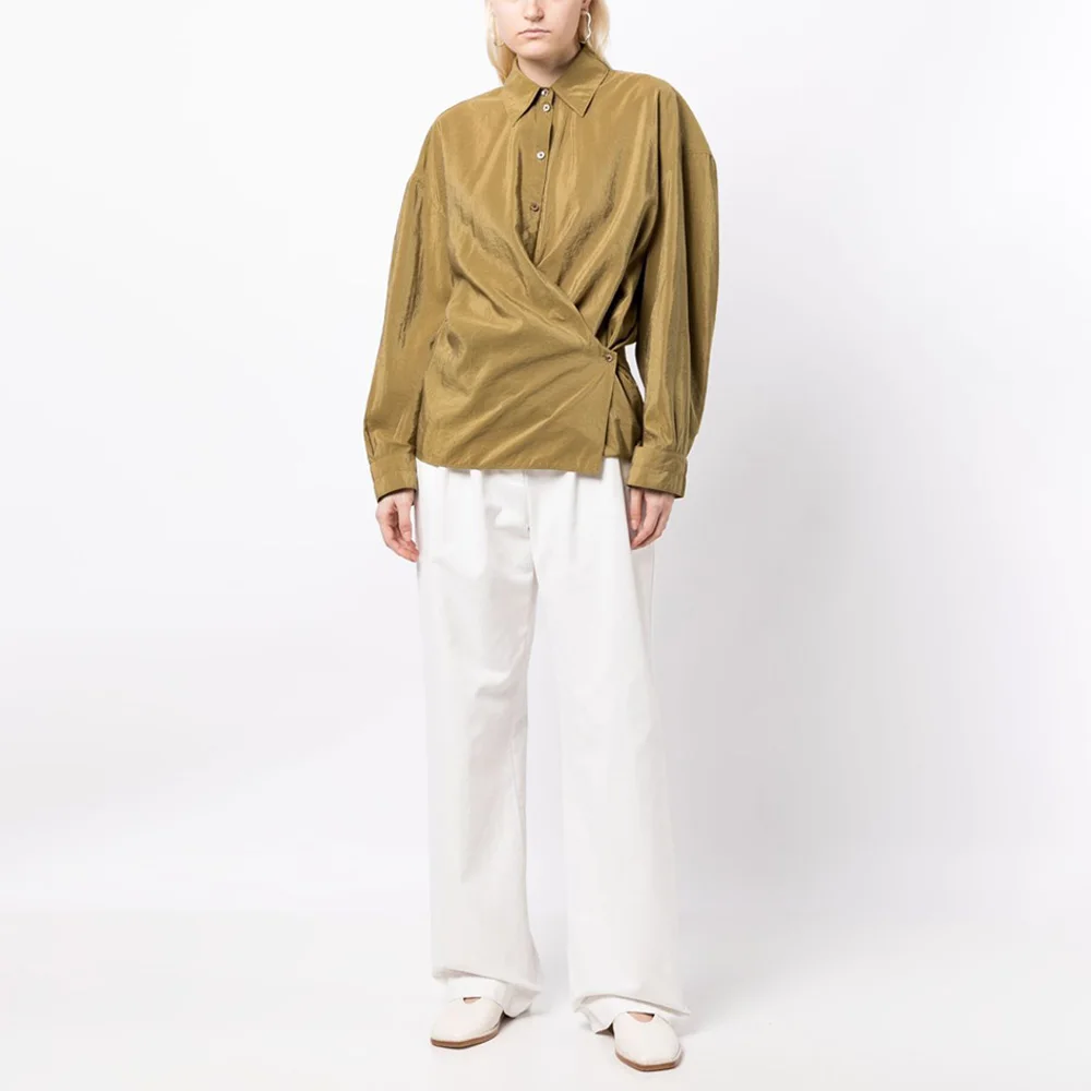 

Irregular Blouse Women 2023 Autumn Niche Fashion Slant Placket Hem Wrap Tie Button Design Silk Top