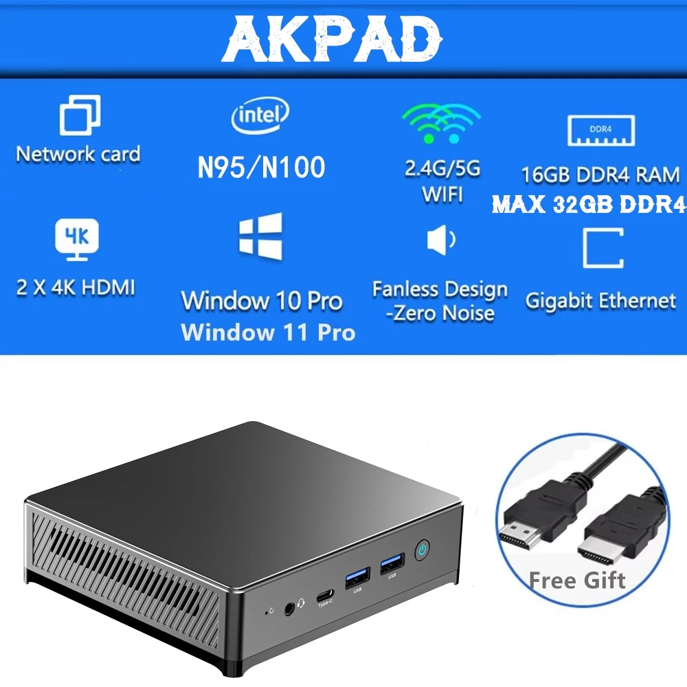 Мини-ПК LB1 AKPAD: Alder Lake N95/N100 WIFI5 BT5.0 Windows 11 Pro DDR4 M.2 SSD двойной дисплей HDMI