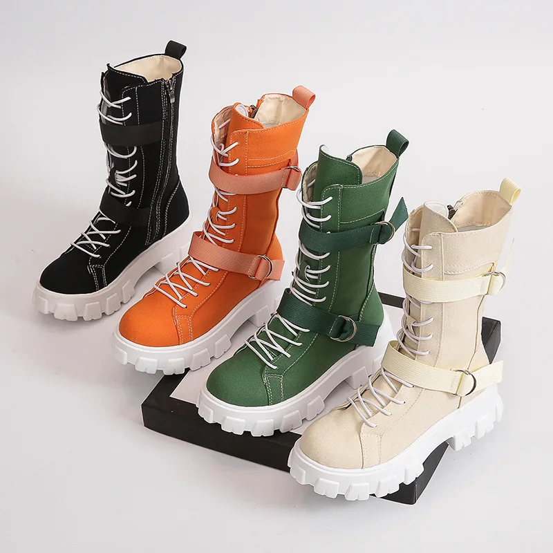 

Новые женские Ботинки Martin с высоким берцем, однотонная повседневная обувь на платформе, универсальные мотоциклетные ботинки на шнуровке с ...