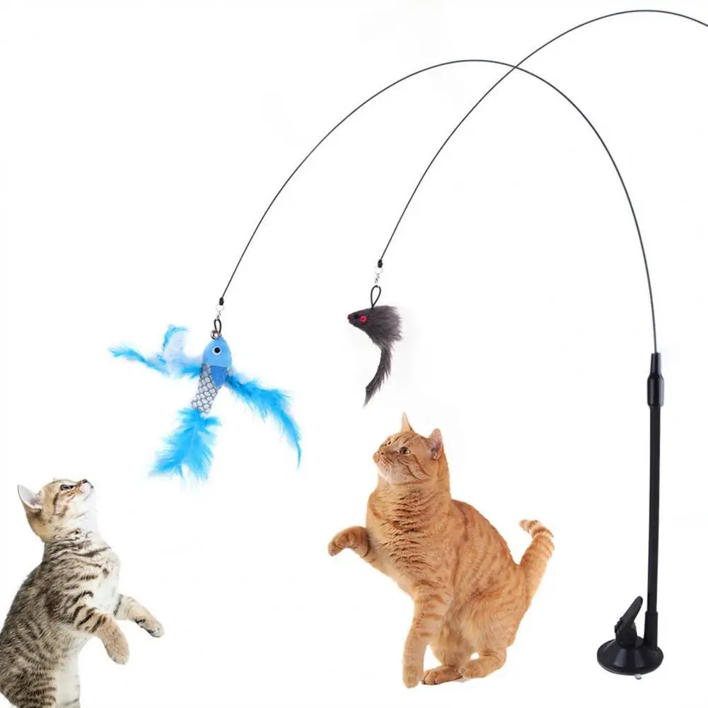 

Steel Wire Durable Cats Teaser Feather Stick Toy with Suction Cup Recreational Cats Wand Toy Classic Cats Supplies