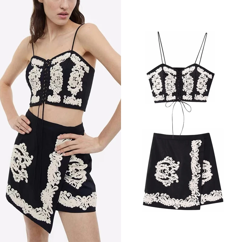 

Женский Короткий Комплект Sivatu Traf с юбкой, сексуальный черный топ с вышивкой и юбка, комплект из 2 предметов, одежда для ночного клуба, женский...