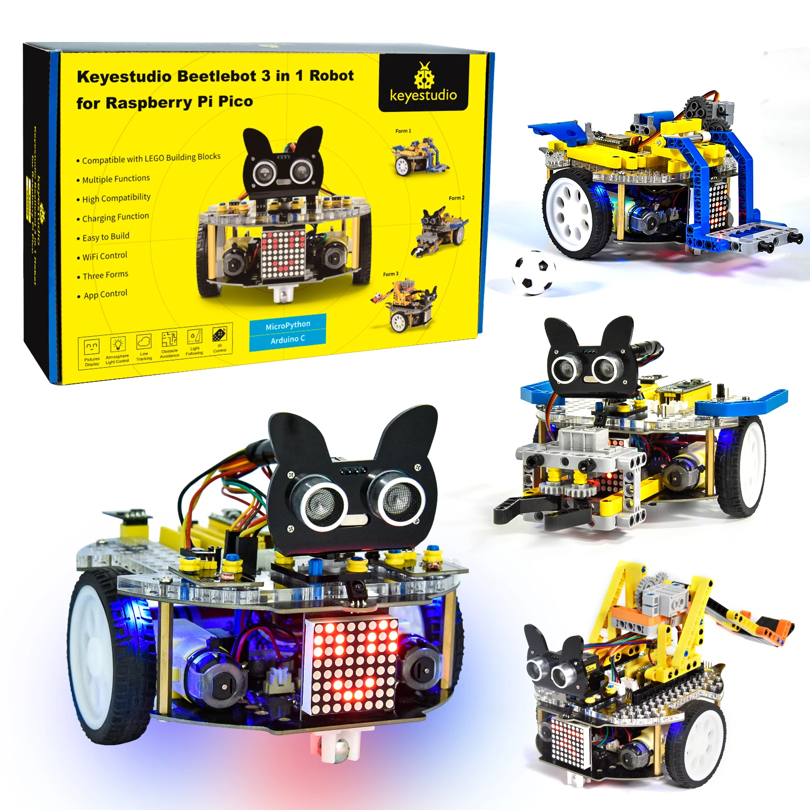 Keyestudio 3 в 1 робот-автомобиль Beetlebot для Arduino(Raspberry Pi Pico/ESP32) Обучающий набор сделай сам