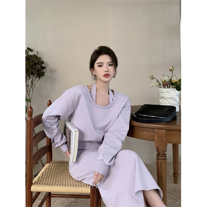 

WDMSNA осеннее облегающее платье без рукавов с воротником-халтером + ретро свитер с круглым вырезом и длинным рукавом, комплект из двух предмет...