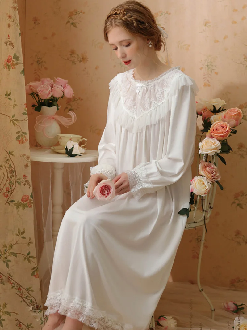 Victorian Princess Lolita Pajama Night Dresses Women Spring Cotton Vintage Long Sleeve Nightgowns Sweet Loose Fairy Sleepwear