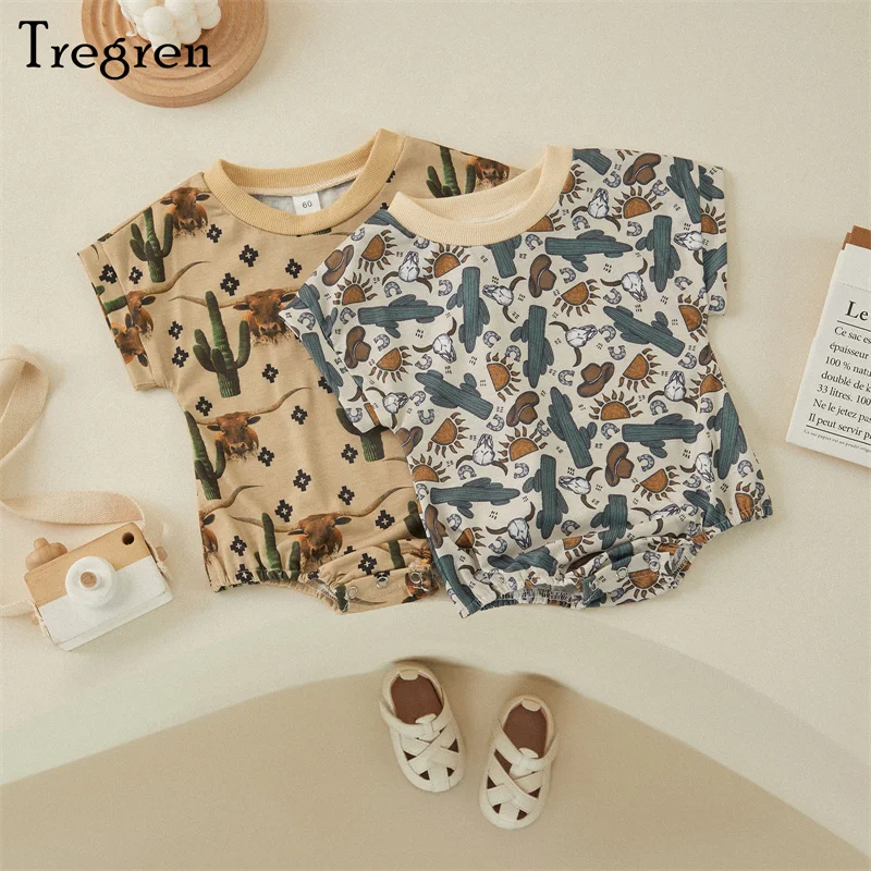 

Детский короткий комбинезон Tregren, Летний комбинезон с коротким рукавом и принтом коровьей головы и кактуса для новорожденных девочек и мальчиков 0-18 месяцев, повседневная одежда, Топ