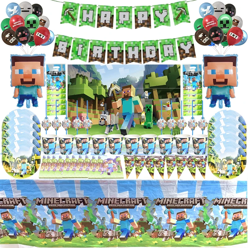 

Minnecraf Theme Tableware Set Latex Balloon Game Banner Happy Birthday Party Decorations Kid Baby Shower Favorite Party Supplies