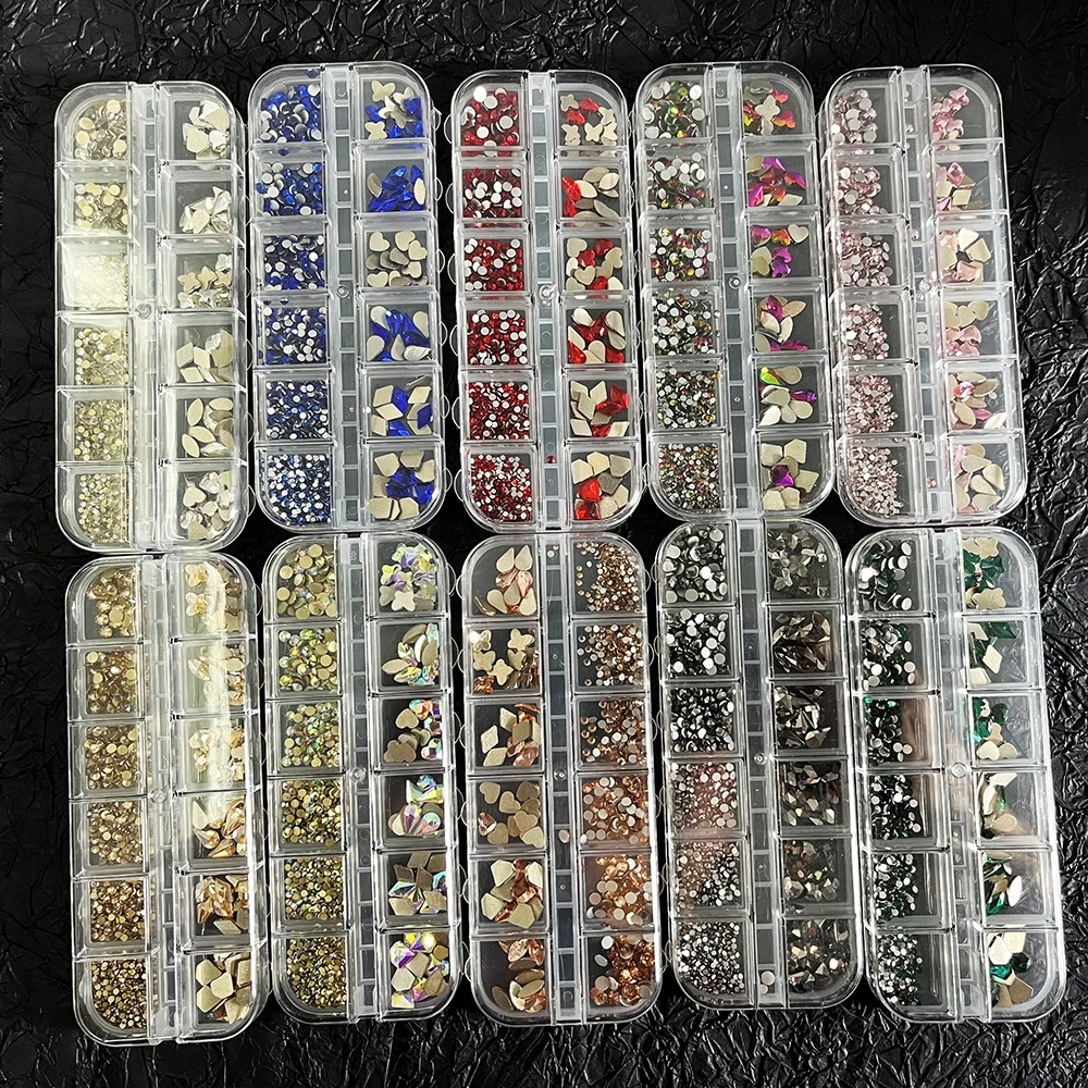 

999Pcs Mixed Shape AB Crystal Nail Art Rhinestone 12 Grids Shinying Flat-Back Diamond Nail Decor Non-Hotfix Colorful Nail Glass