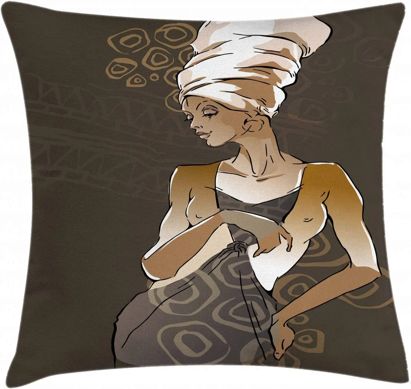

African Throw Pillow Cushion Cover, Sketch of Lady Geometric Doodles Print, Decorative Square Accent Pillow Case