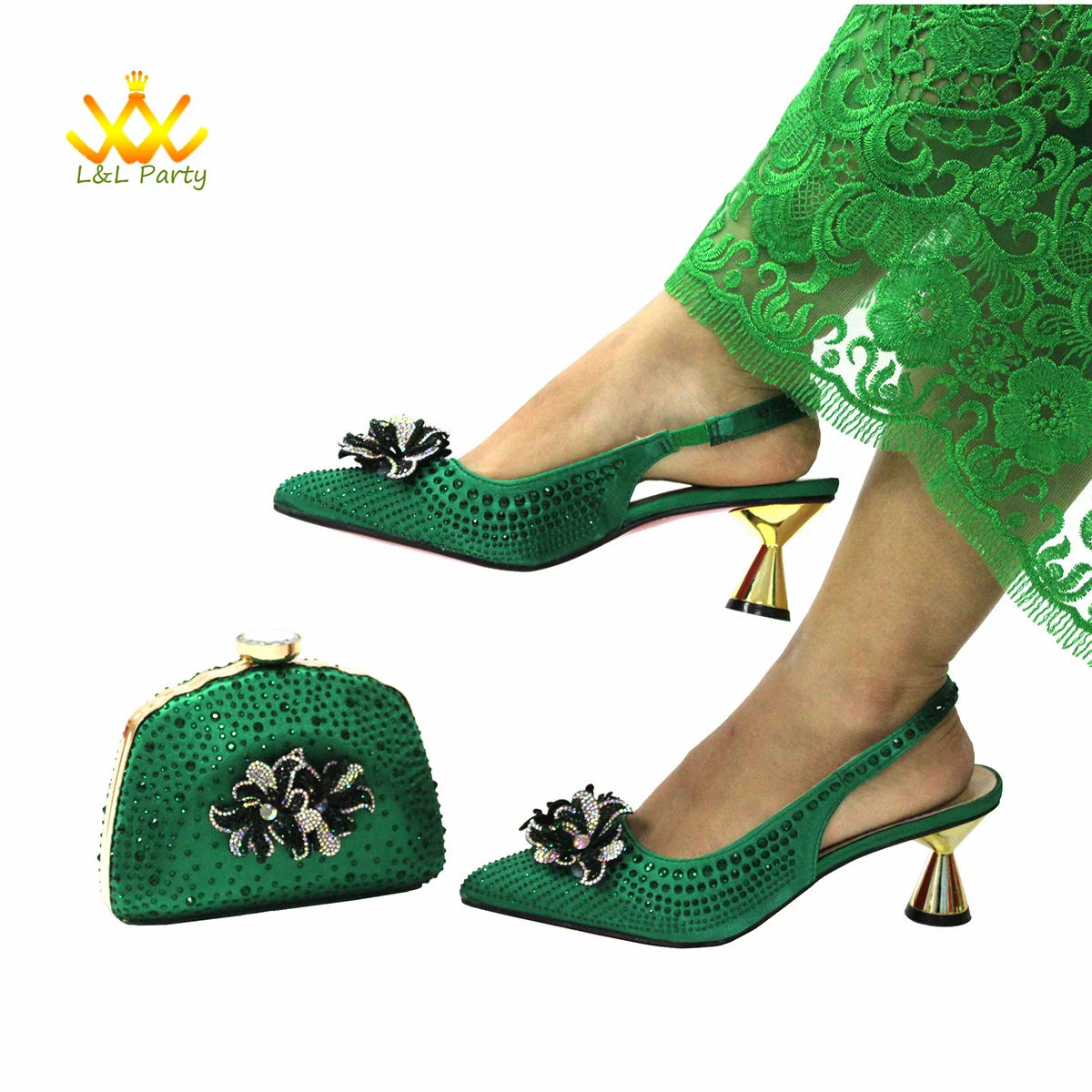 

Sexy Ladies Slingbacaks Shoes Matching Bag Set Decorated in Crystal Design for African Women Wedding Party
