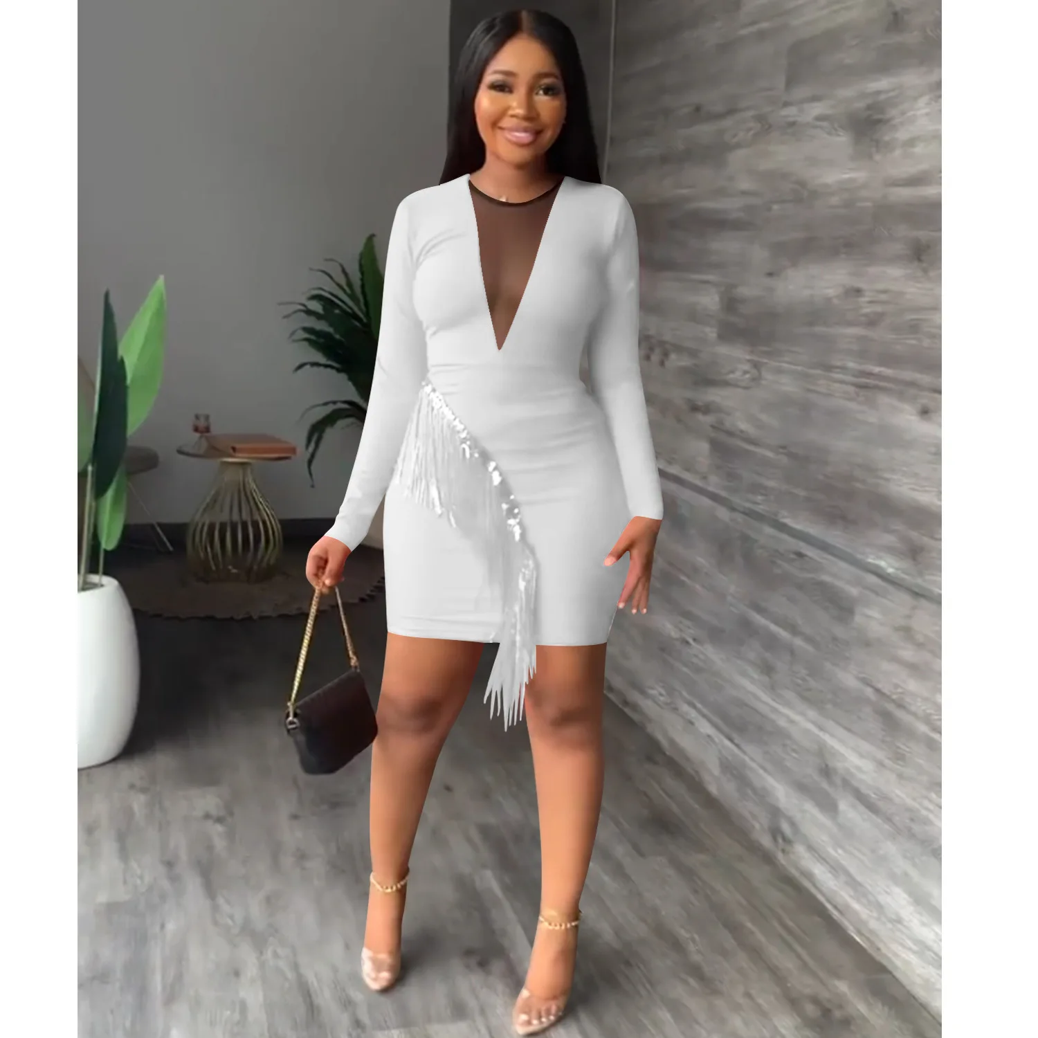 

Clothing 2022 Women's Sequined White Long Sleeve See Through Dress Female Summer Sexy Nightclub Midi Pencil Dresses