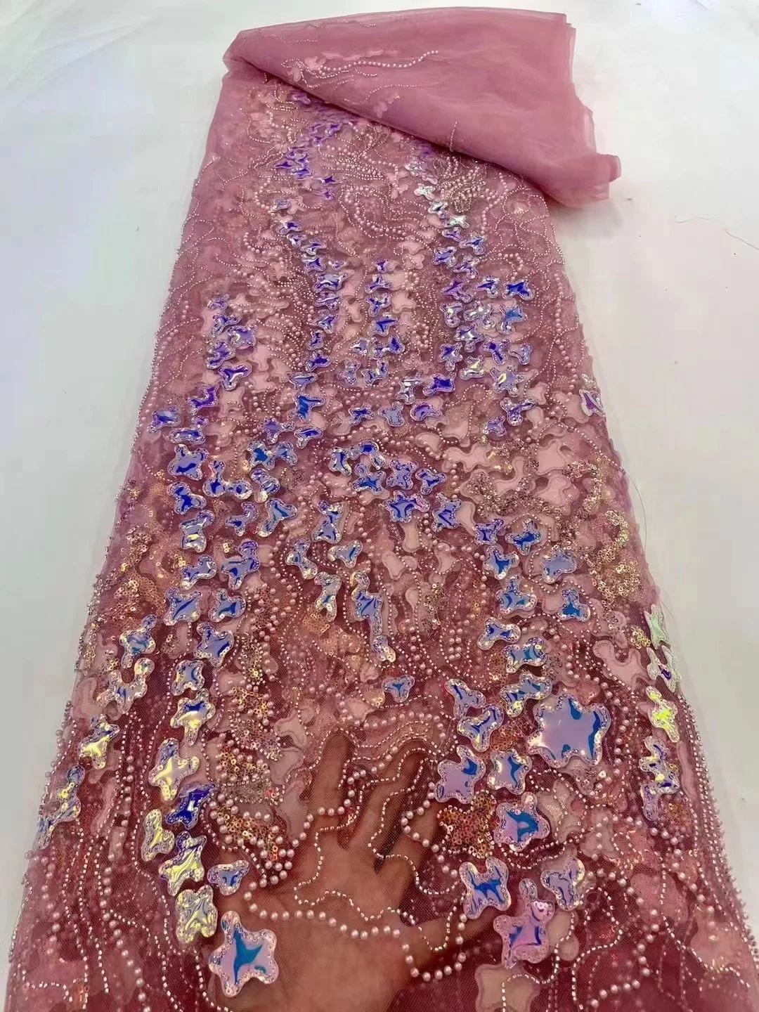 

Pink French 3d Sequined Lace Fabric 2022 High Quality Lace Crystal Luxury Beaded Tulle Lace Fabric For Wedding Party Dresses