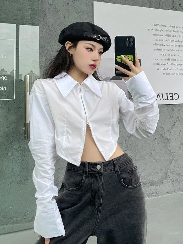 New White Shirts Women Streetwear Slim Double Zipper Long Sleeve Blouse Spring Autumn New Style Y2k Crop Tops for Teen Girls