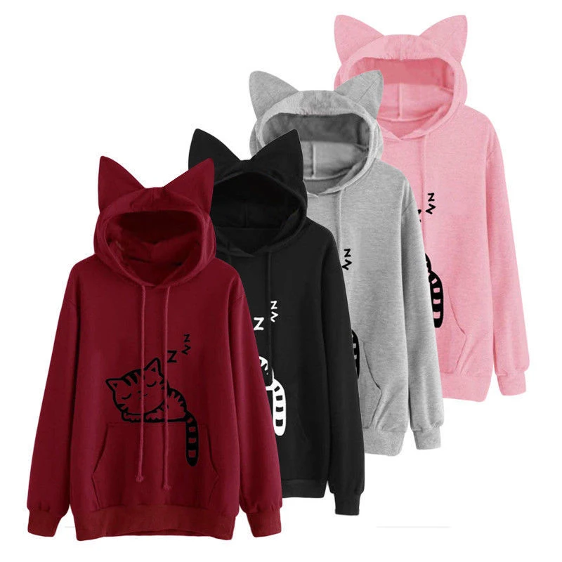 Women Cute Ears Pullover Hoodie Sweatshirts Loose Thermal Hooded Top with Adjustable Drawstring Tops Autumn Spring Female New